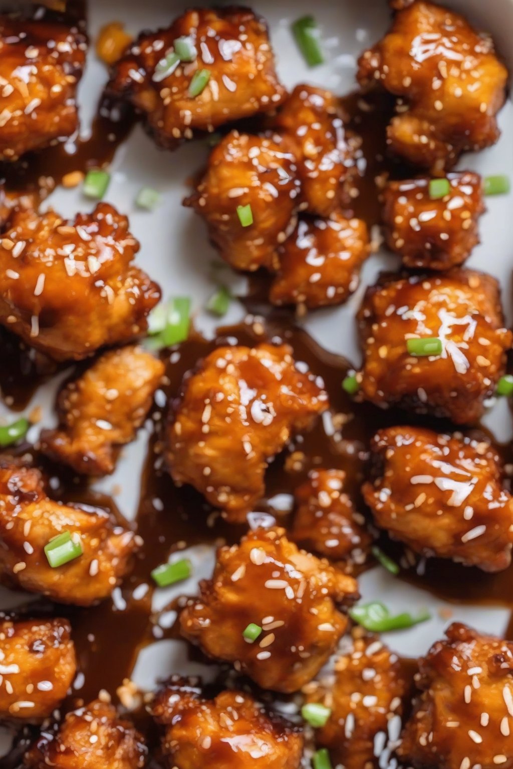 A close-up photo of air fryer orange chicken bites, ultra-crispy with glossy glaze, under soft lighting.