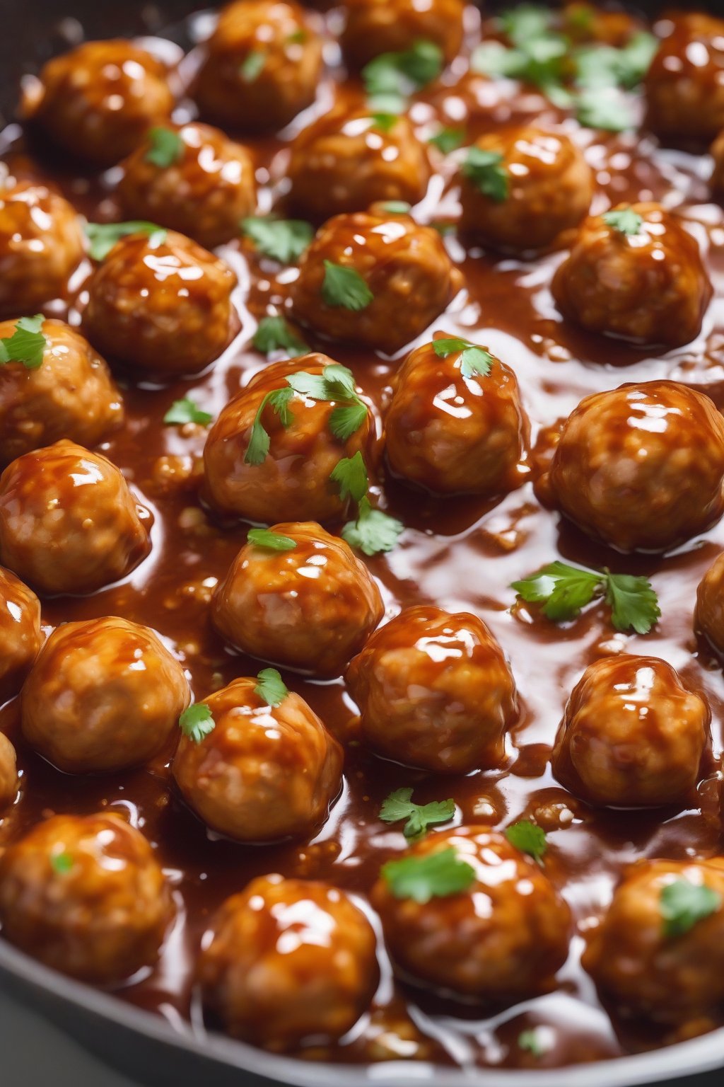 A close-up photo of glazed orange chicken meatballs in a pool of sauce, perfectly round and browned, under soft lighting.