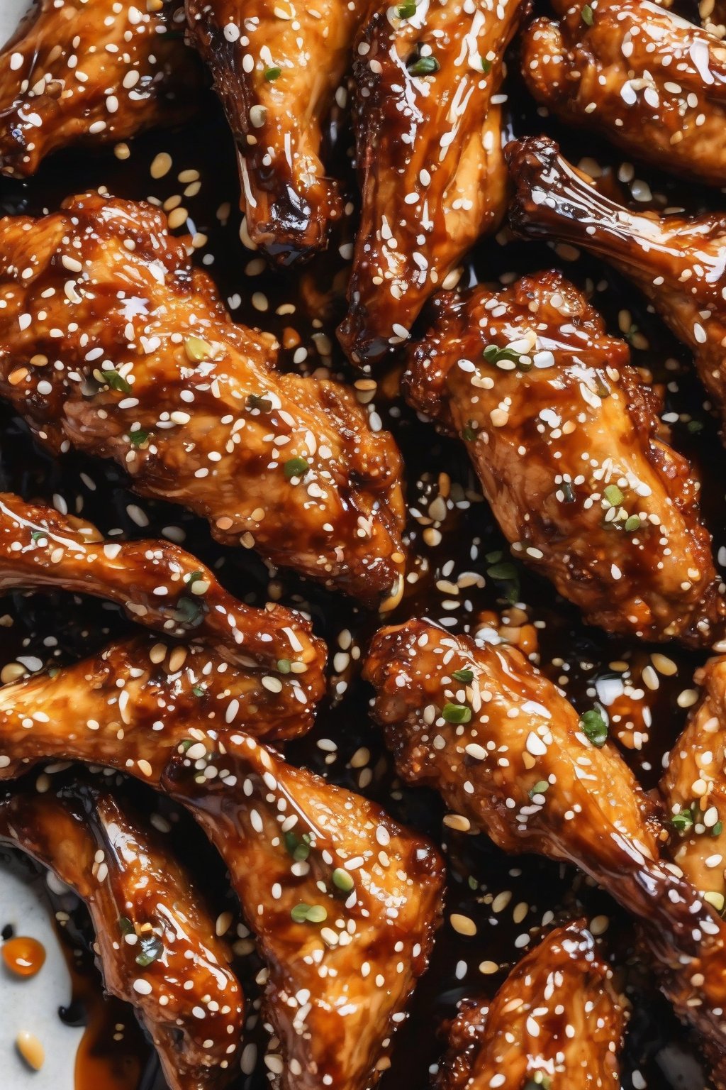 A close-up photo of sesame orange chicken wings with sticky sauce and seeds, charred tips, under soft lighting.