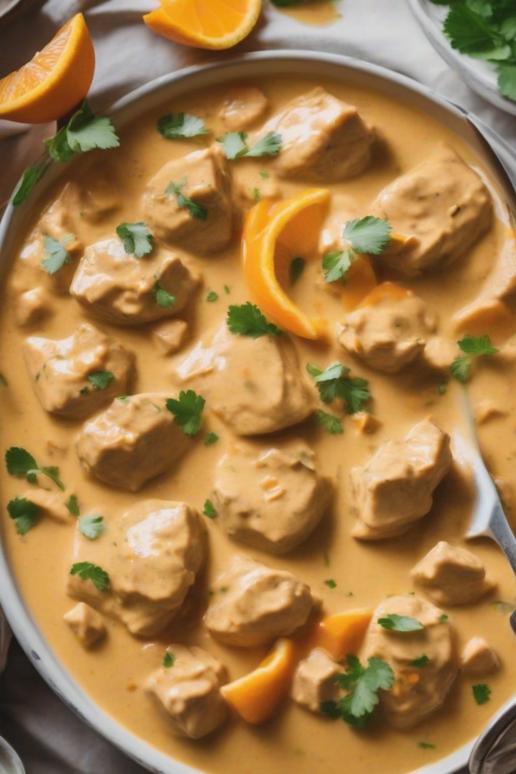 A close-up photo of coconut orange chicken curry with creamy orange-tinted sauce and tender chunks, under soft lighting.