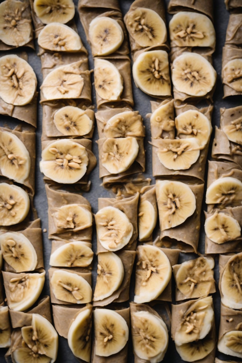 A high-resolution photo of sliced banana peanut butter wraps under soft lighting.