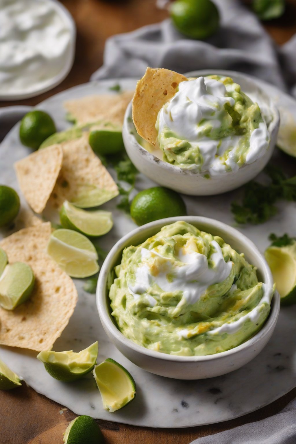 A high-resolution photo of creamy Greek yogurt guacamole smooth and swirled, with a dollop of yogurt on top, under soft lighting.