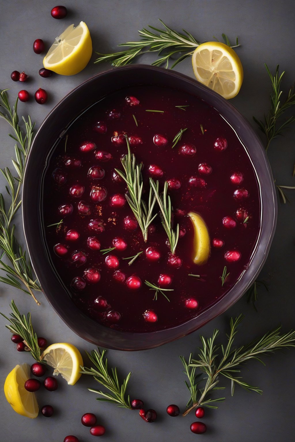 A high-resolution photo of rosemary-honey cranberry sauce garnished with rosemary sprigs and lemon zest, in a modern bowl, under soft lighting.