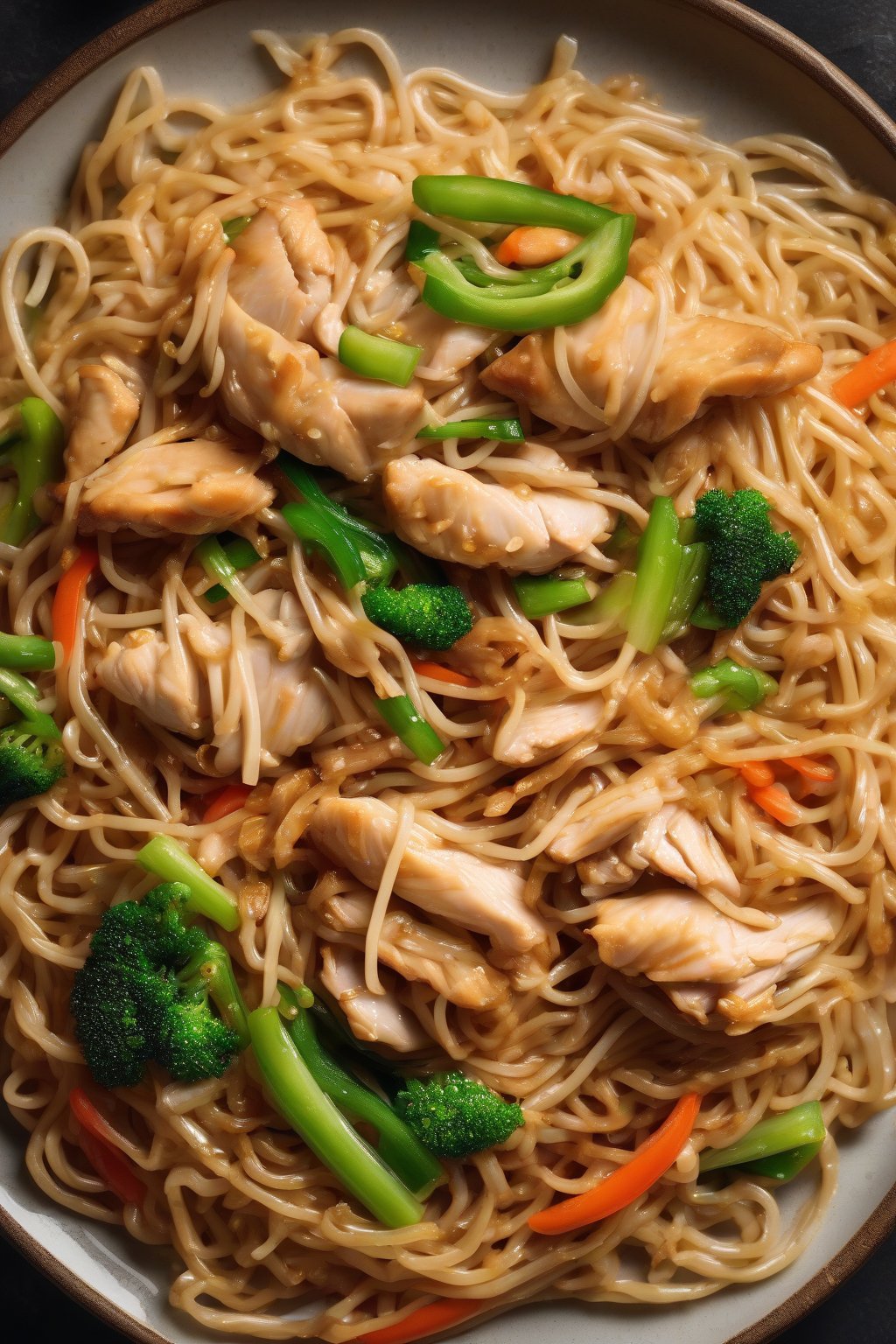 A high-resolution close-up photo of classic chicken chow mein with golden noodles, tender chicken strips, and vibrant veggies glistening under soft lighting.