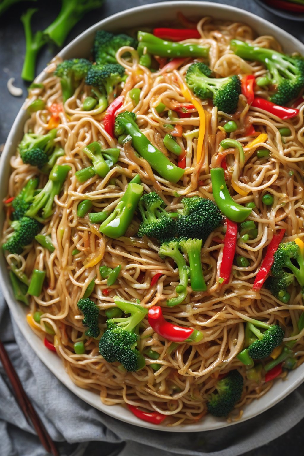 A high-resolution close-up photo of vegetable chow mein piled high with colorful broccoli, peppers, and snap peas on tangled noodles under soft lighting.
