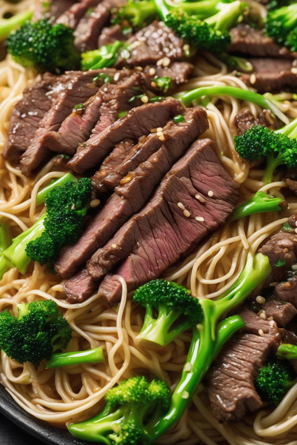 A high-resolution close-up photo of beef and broccoli chow mein featuring seared steak slices amid green florets and glossy noodles under soft lighting.