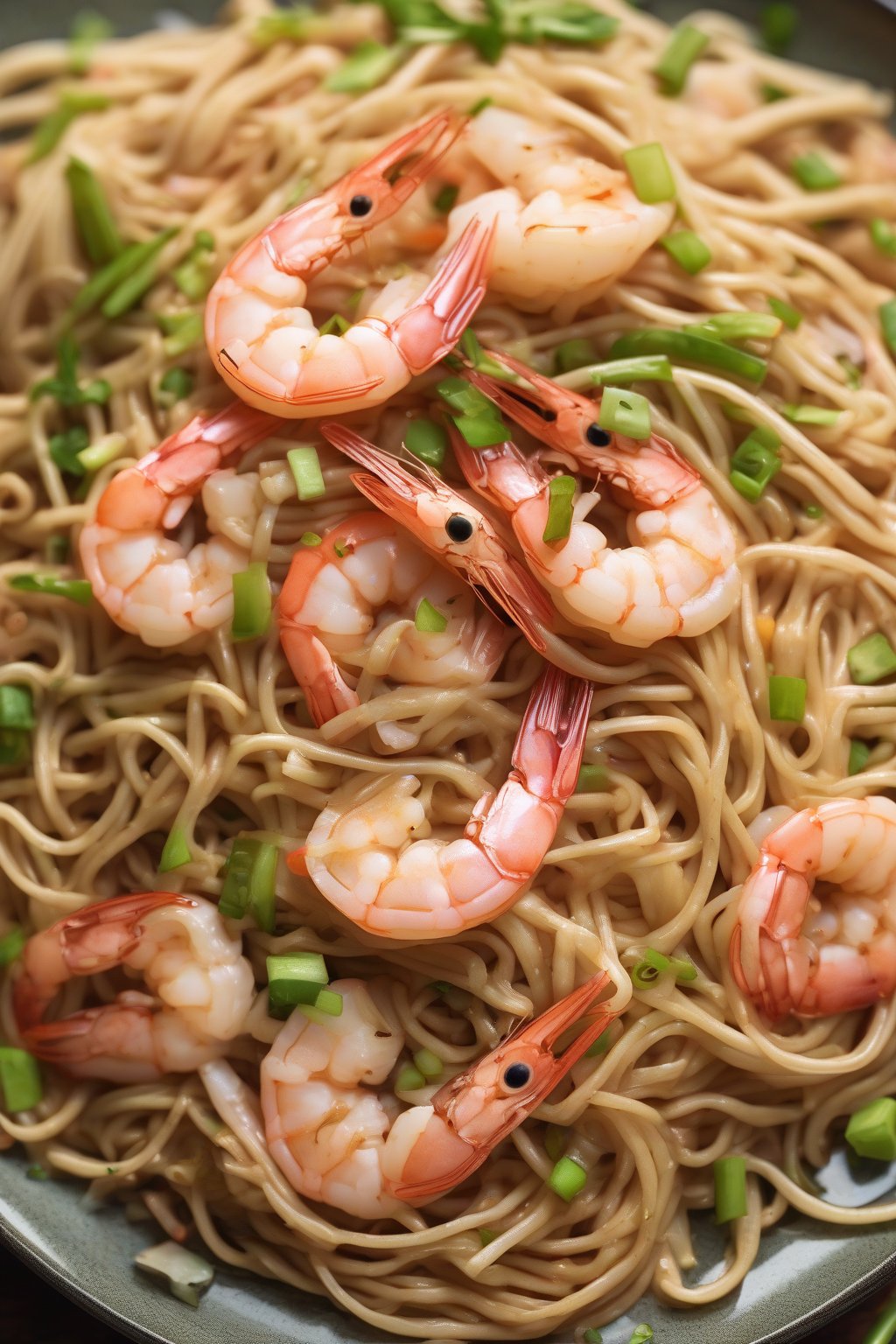 A high-resolution close-up photo of shrimp chow mein with plump pink shrimp, crisp bean sprouts, and noodles under soft lighting.
