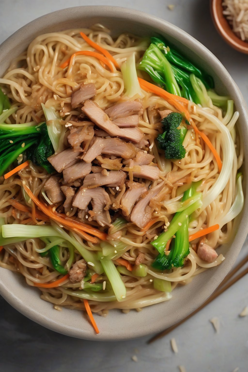 A high-resolution close-up photo of pork chow mein with crumbled pork, tender bok choy, and carrot ribbons on noodles under soft lighting.