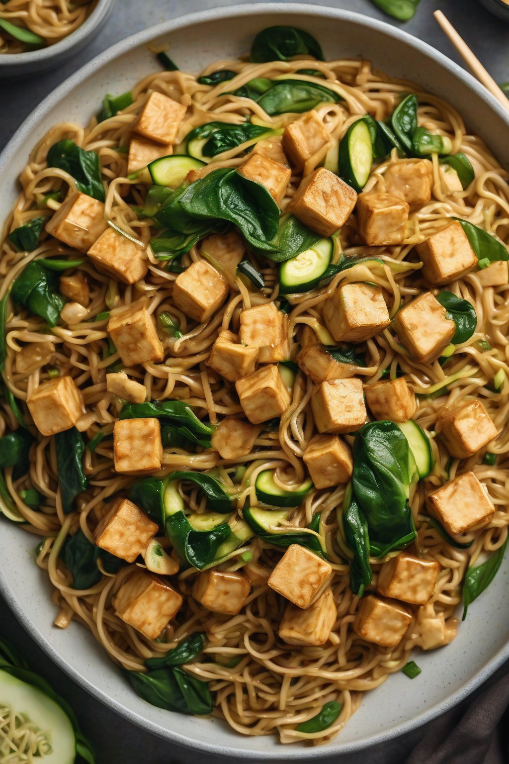 A high-resolution close-up photo of vegan tofu chow mein showcasing golden tofu cubes, zucchini slices, and spinach on noodles under soft lighting.