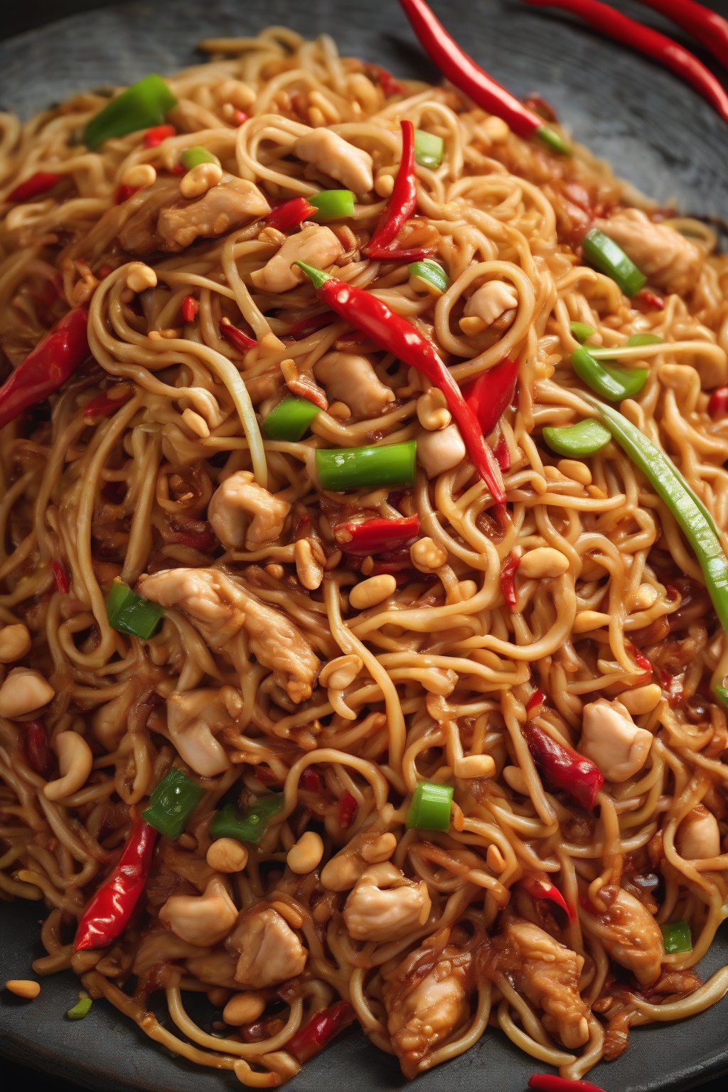 A high-resolution close-up photo of spicy Szechuan chow mein with red chilies, peanuts, and chicken amid fiery noodles under soft lighting.