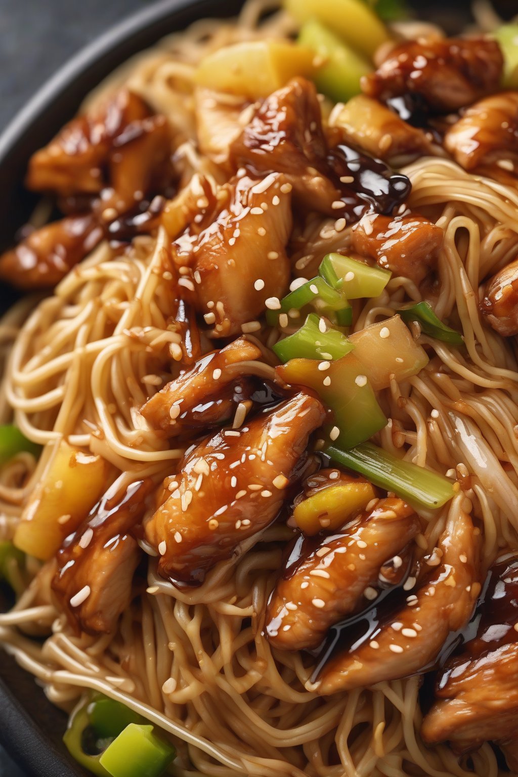 A high-resolution close-up photo of teriyaki chicken chow mein with caramelized pineapple and glossy chicken on noodles under soft lighting.