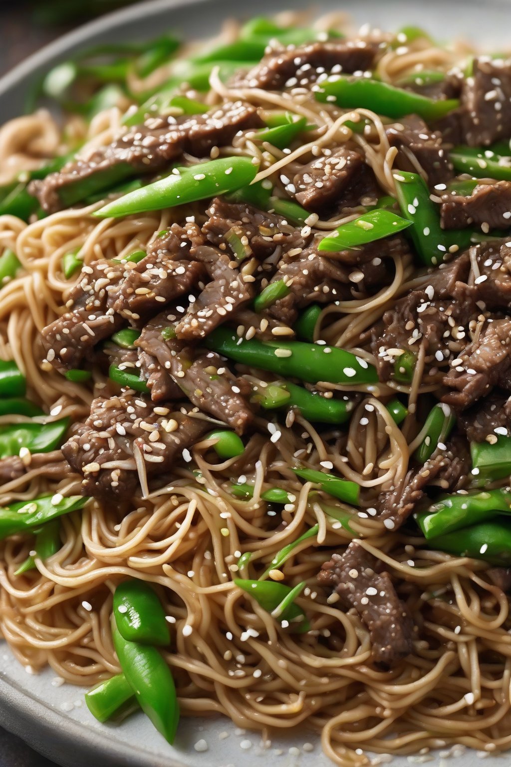A high-resolution close-up photo of sesame beef chow mein sprinkled with seeds, snow peas, and tender beef under soft lighting.