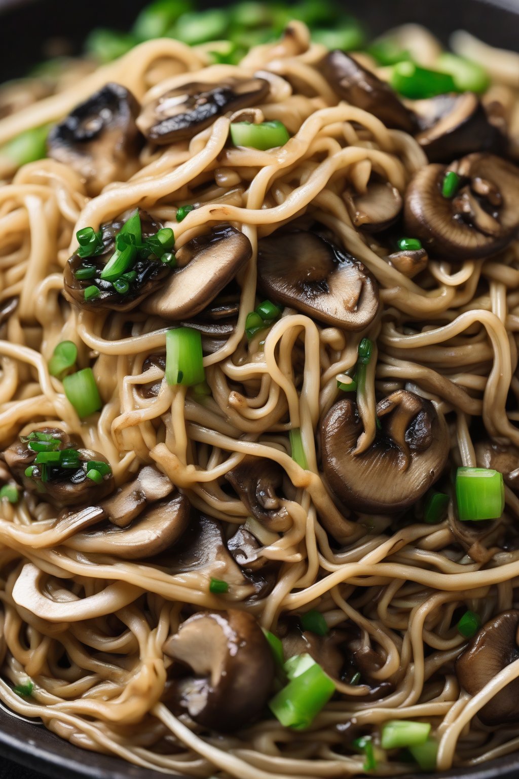 A high-resolution close-up photo of mushroom chow mein with sliced shiitake, glossy noodles, and scallions under soft lighting.