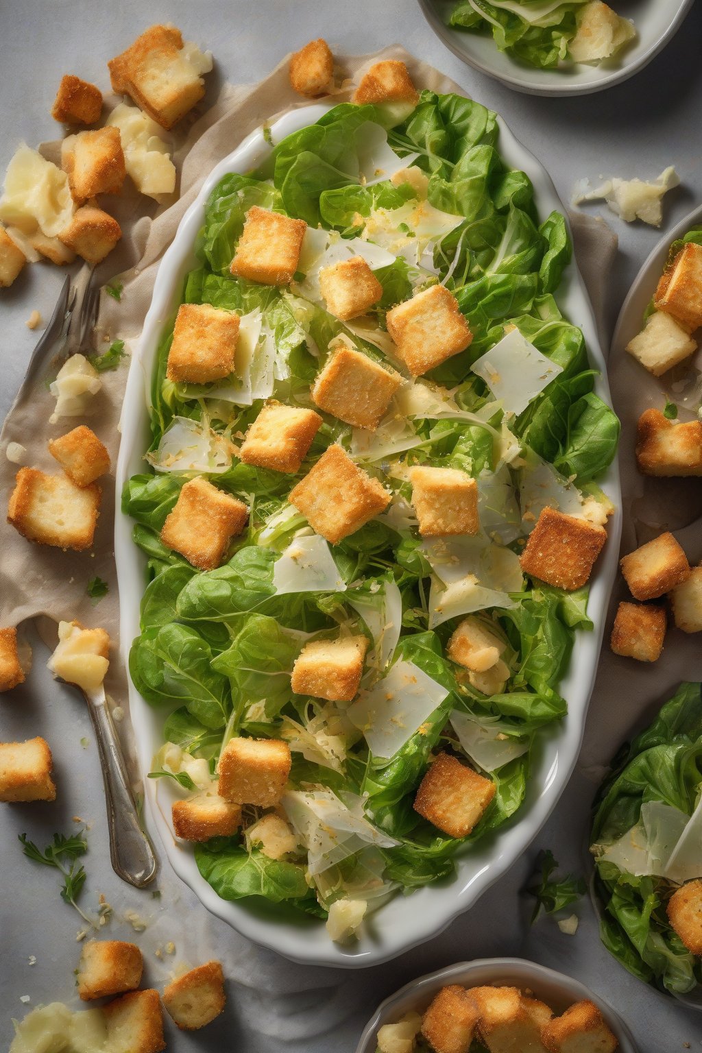 A high-resolution photo of a vibrant classic garlicky Cesar salad topped with golden parmesan croutons under soft lighting.