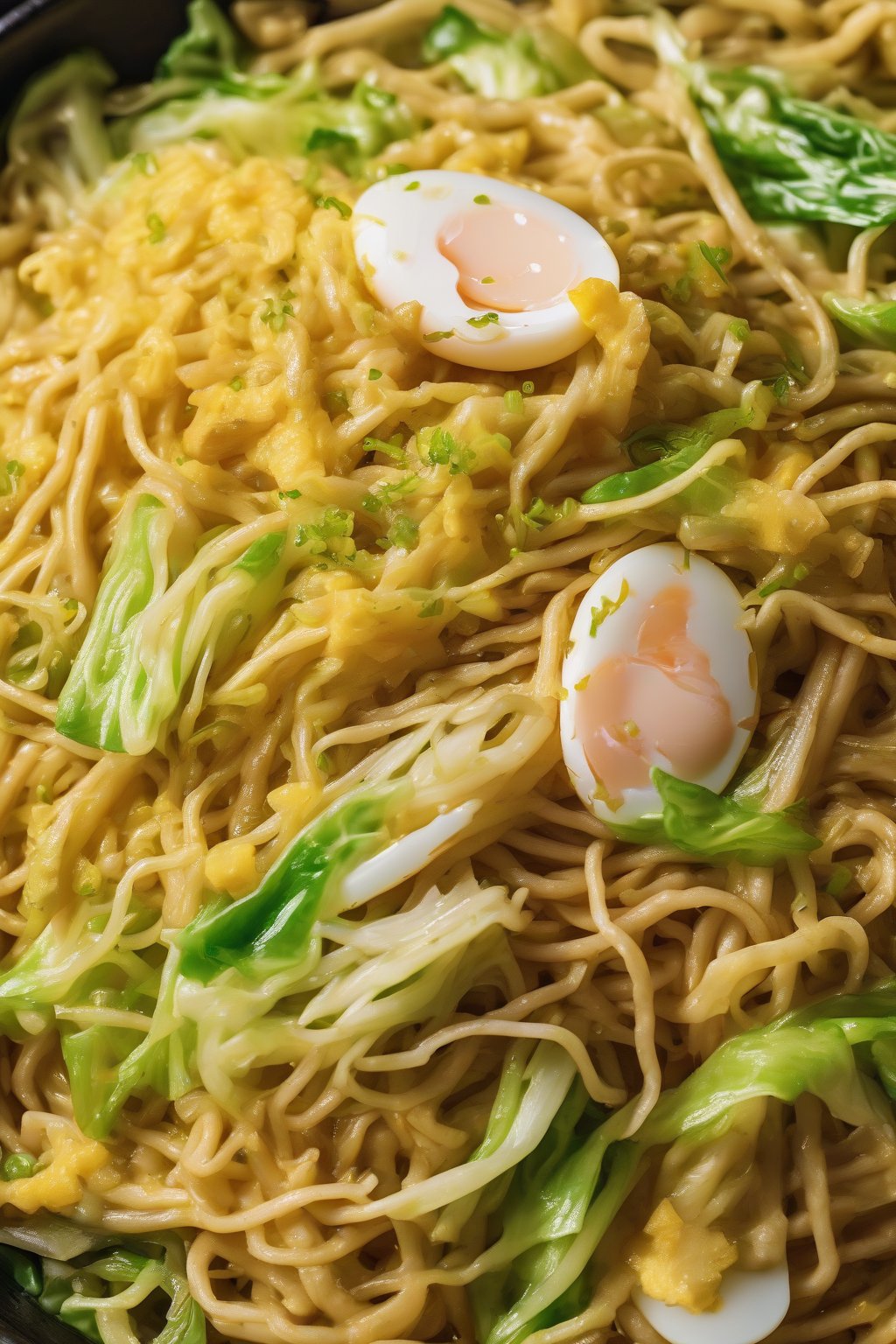 A high-resolution close-up photo of egg chow mein with golden scrambled eggs, cabbage shreds, and noodles under soft lighting.