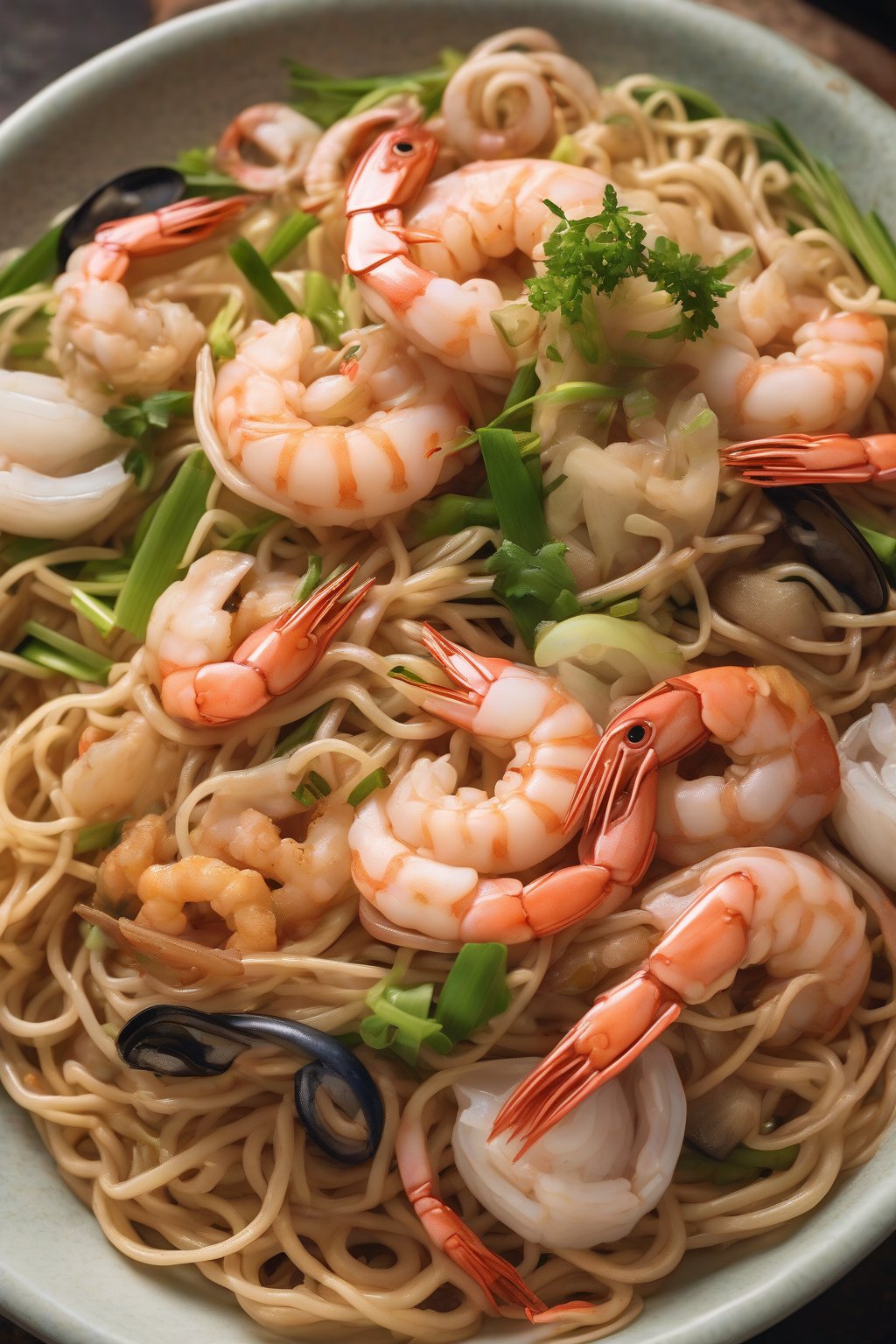 A high-resolution close-up photo of seafood chow mein with prawns, squid rings, and lemongrass on noodles under soft lighting.
