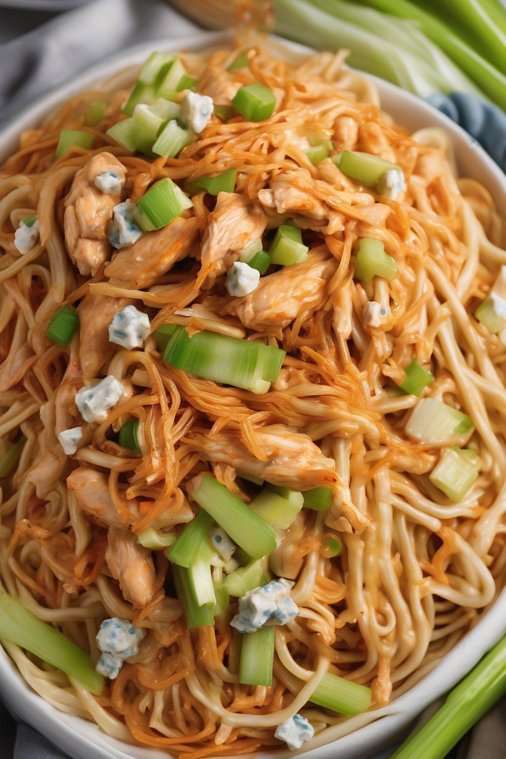 A high-resolution close-up photo of buffalo chicken chow mein with spicy shredded chicken, celery, and blue cheese on noodles under soft lighting.