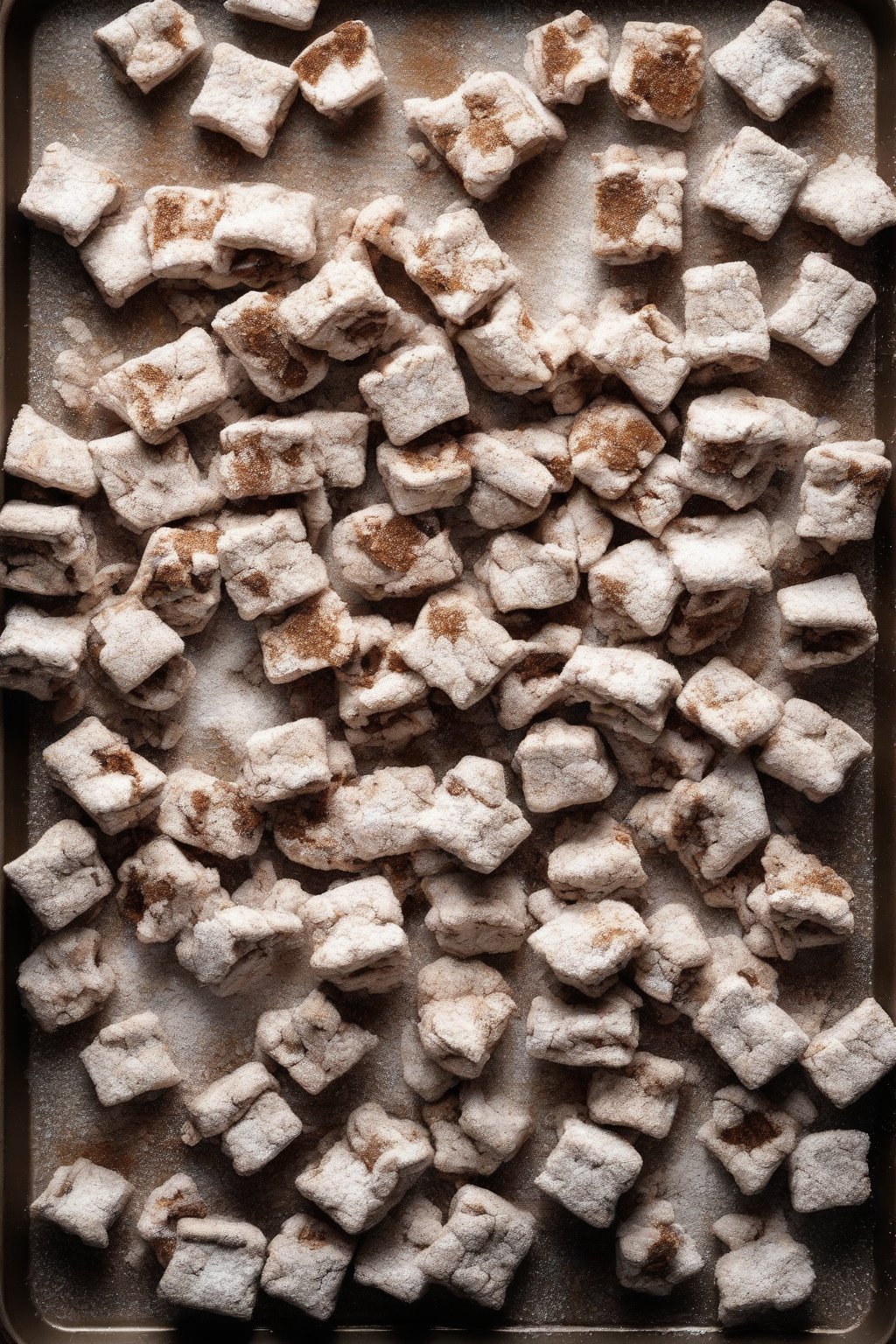 A high-resolution photo of classic chocolate peanut butter Puppy Chow scattered on a parchment-lined tray, dusted with powdered sugar under soft lighting.