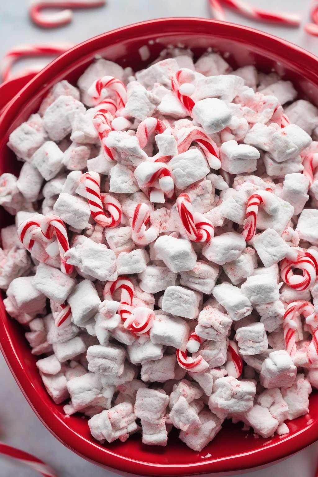 A high-resolution photo of peppermint Puppy Chow piled in a red bowl with candy cane bits on top, under soft lighting.