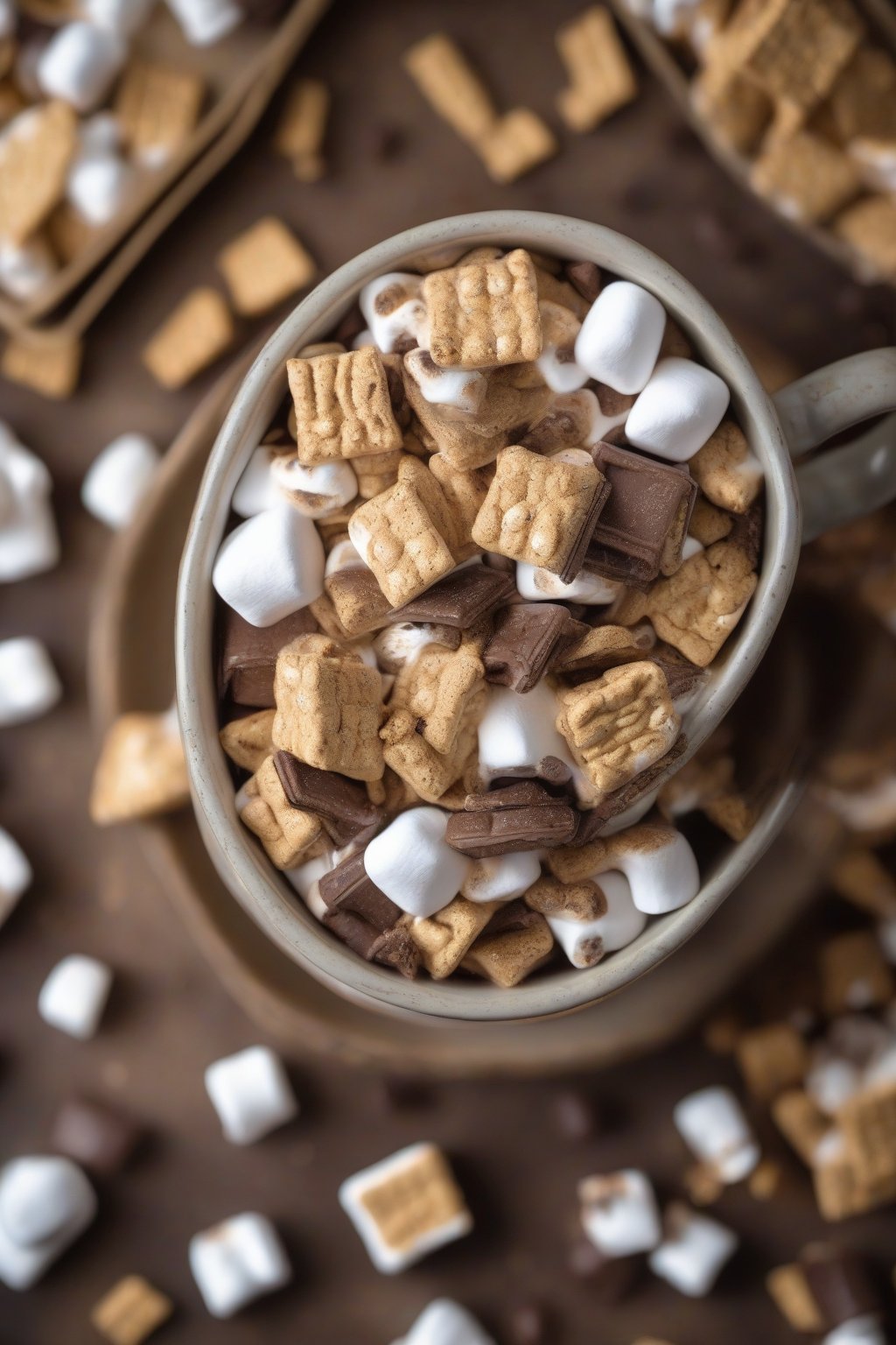 A high-resolution photo of s'mores Puppy Chow with golden graham flecks and marshmallows, in a rustic mug under soft lighting.