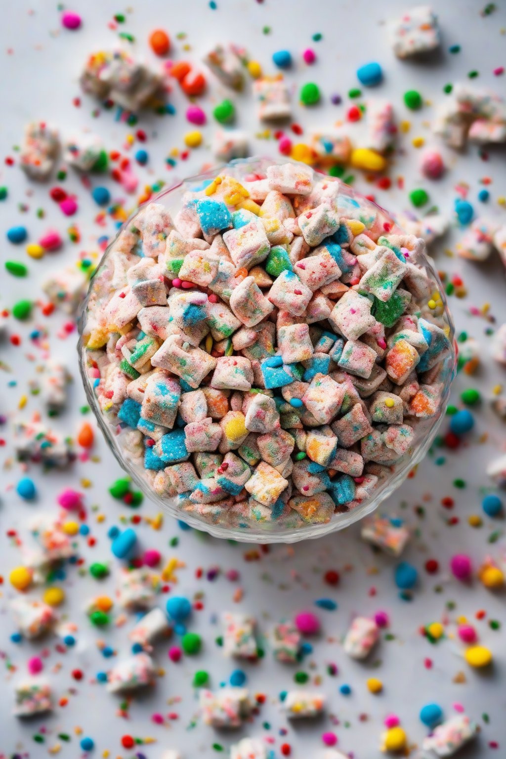 A high-resolution photo of birthday cake Puppy Chow covered in colorful sprinkles, spilling from a cake stand under soft lighting.