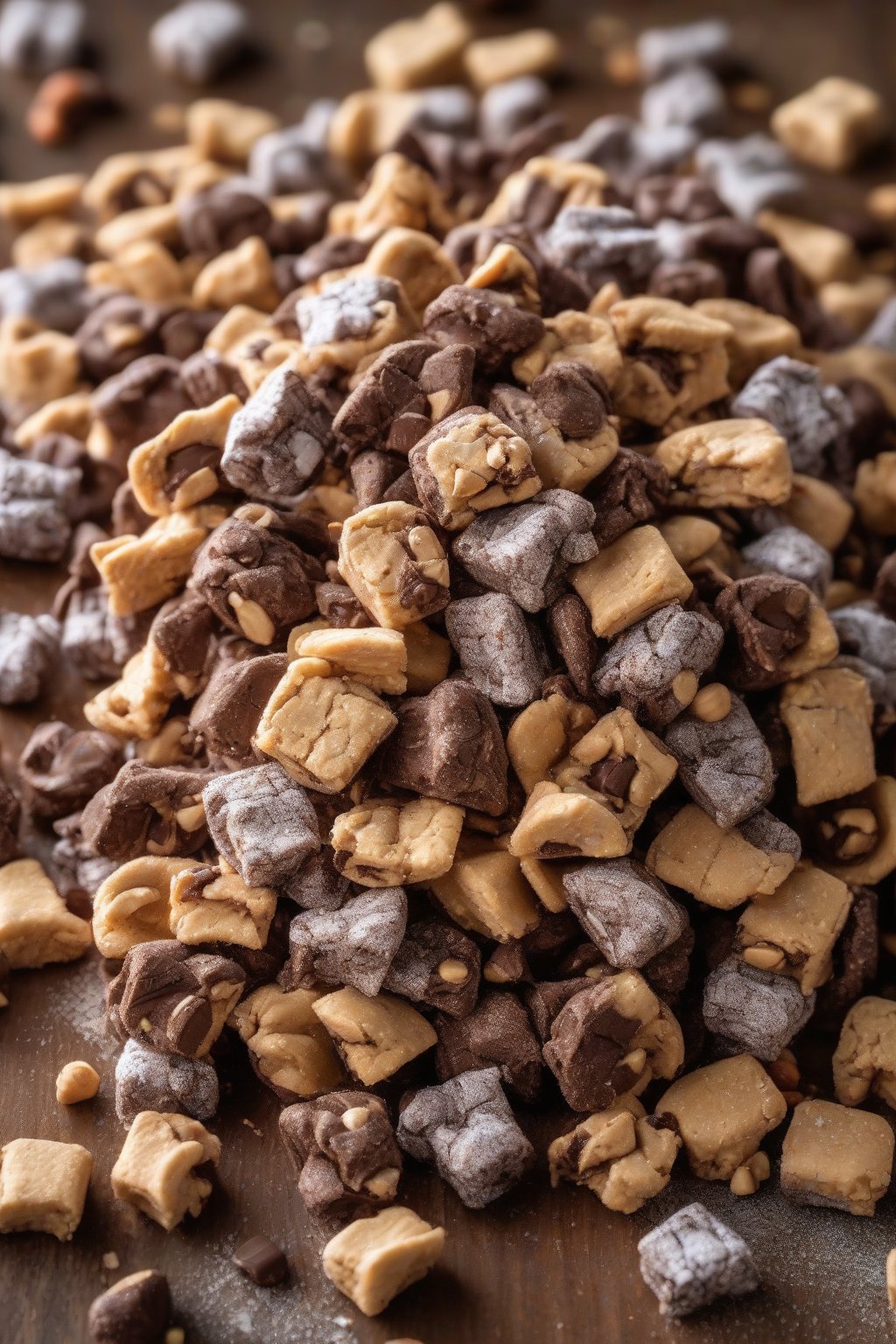 A high-resolution photo of peanut butter cup Puppy Chow with visible candy chunks, on a wooden board under soft lighting.