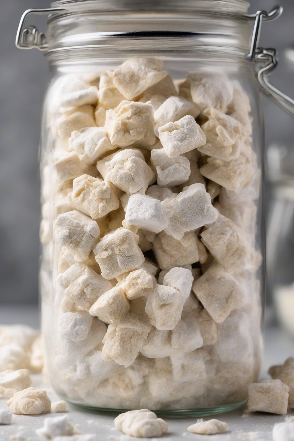 A high-resolution photo of white chocolate Puppy Chow in a glass jar, smooth and powdery under soft lighting.