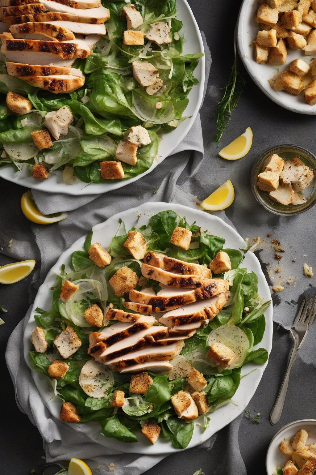 A high-resolution photo of grilled chicken slices atop a garlicky Cesar salad with herb-flecked croutons under soft lighting.