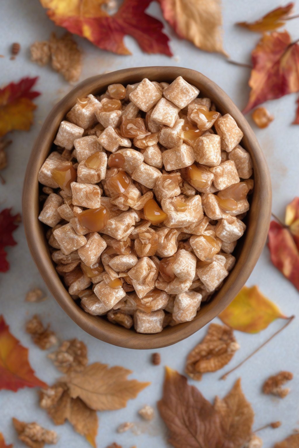 A high-resolution photo of caramel apple Puppy Chow with dried apple flecks, arranged on fall leaves under soft lighting.