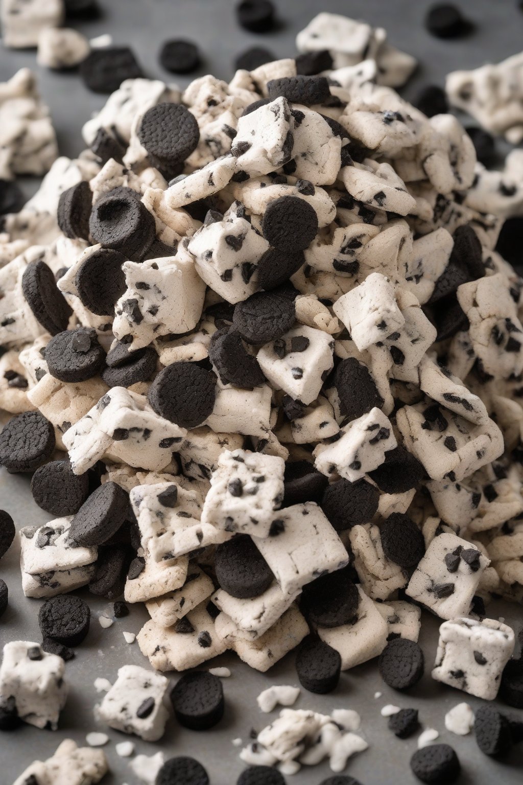 A high-resolution photo of cookies and cream Puppy Chow loaded with black cookie pieces, in a stack under soft lighting.