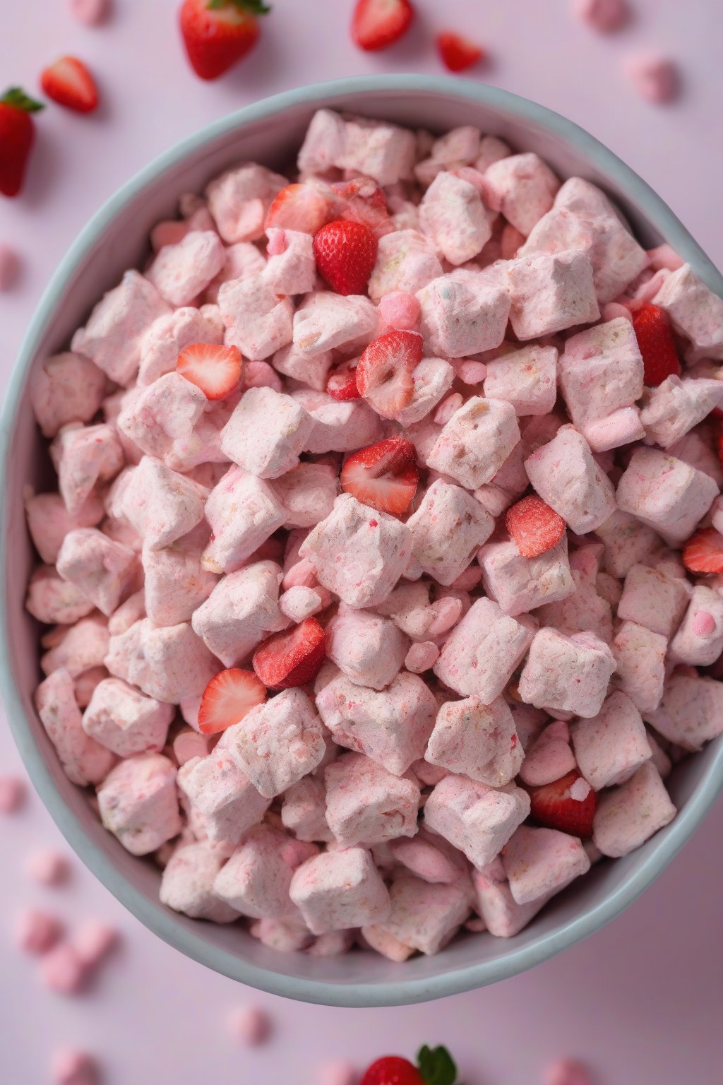 A high-resolution photo of strawberry shortcake Puppy Chow with pink strawberry bits, in a pastel bowl under soft lighting.