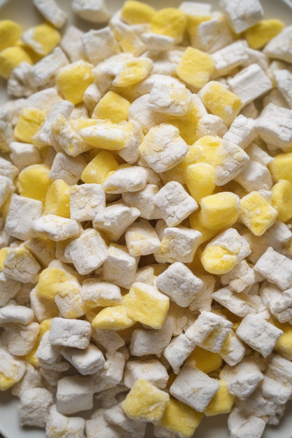 A high-resolution photo of lemon bliss Puppy Chow with a sunny yellow tint, scattered on a plate under soft lighting.