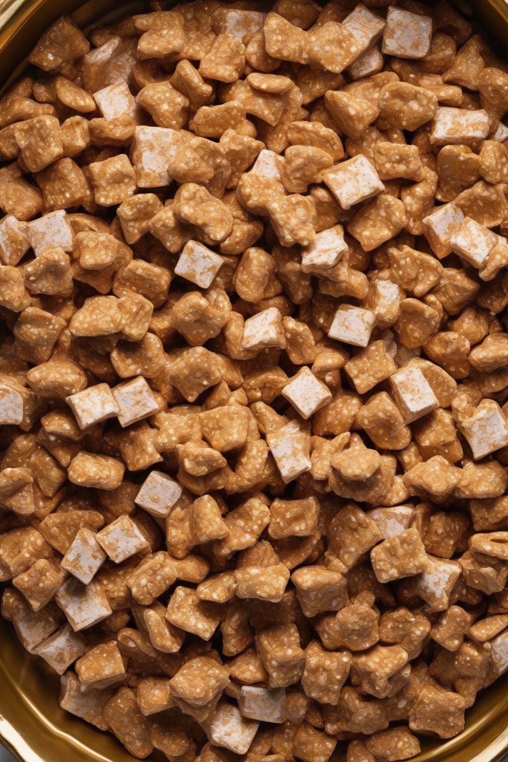 A high-resolution photo of toffee crunch Puppy Chow glistening with bits, in a gold tray under soft lighting.