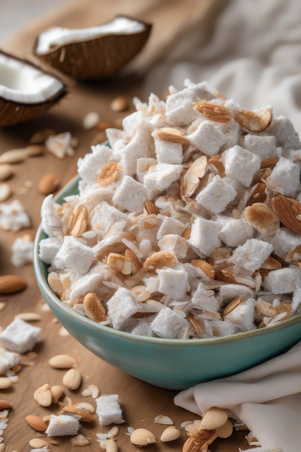 A high-resolution photo of coconut almond Puppy Chow with toasted coconut shreds, in a beachy bowl under soft lighting.