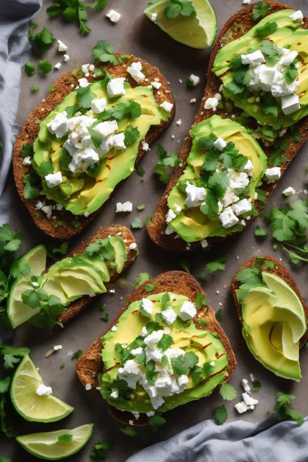 A high-resolution photo of chili lime smashed avocado toast topped with feta and cilantro under soft lighting.