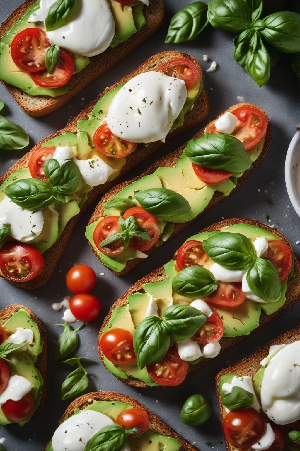 A high-resolution photo of caprese avocado toast with mozzarella, tomatoes, and basil under soft lighting.