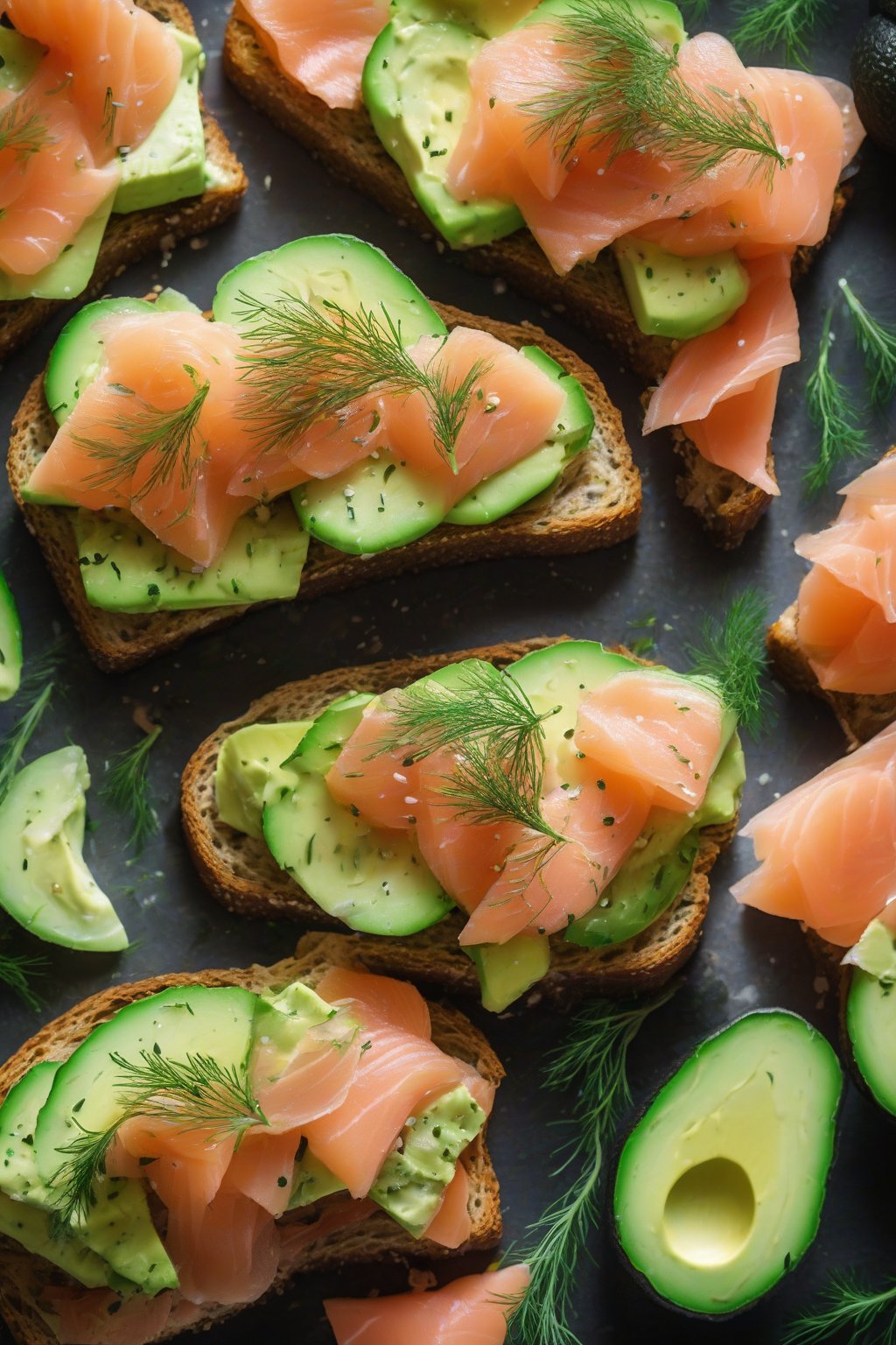 A high-resolution photo of smoked salmon and dill avocado toast with cucumber under soft lighting.