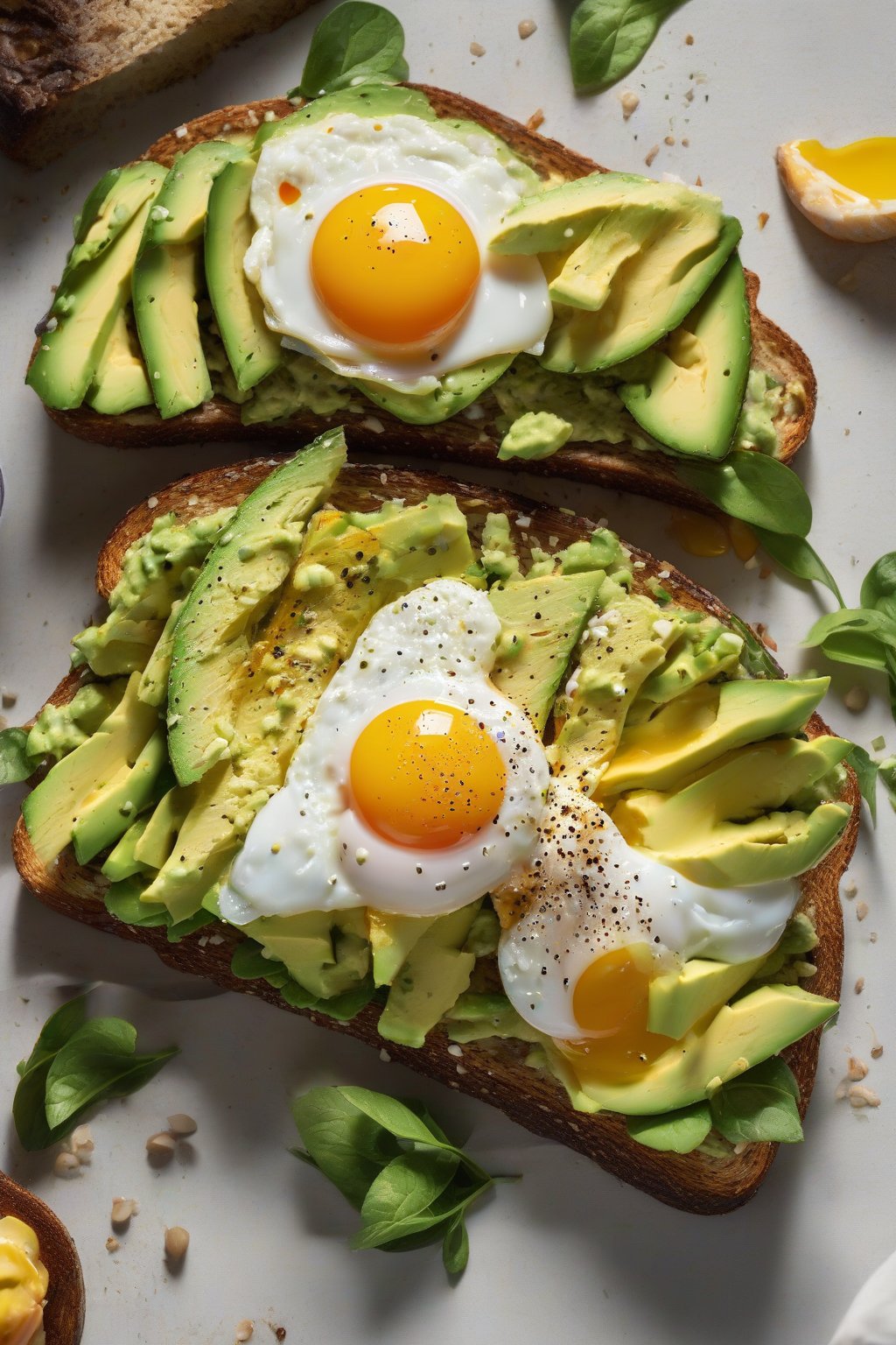 A high-resolution photo of everything bagel avocado toast with a fried egg under soft lighting.