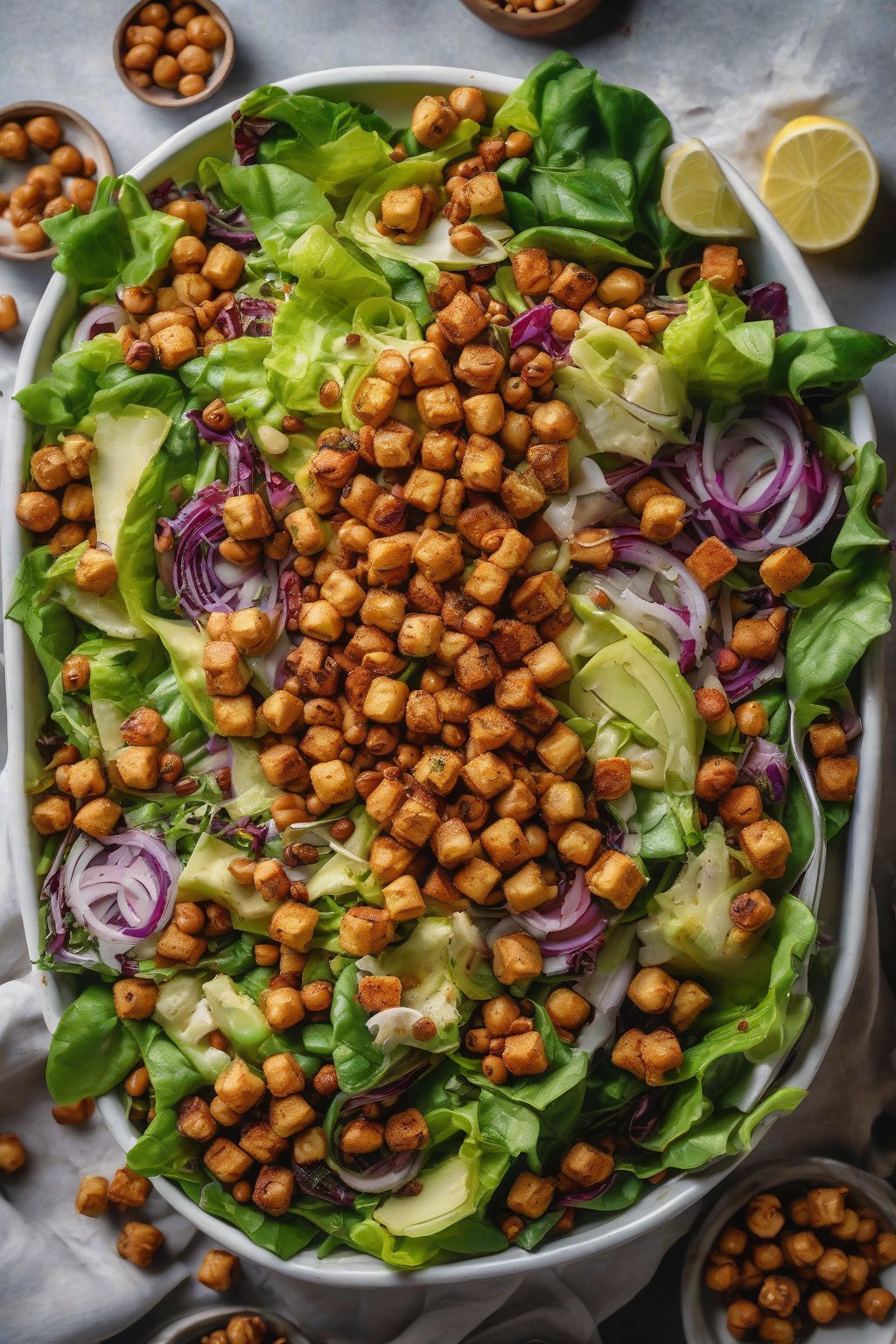 A high-resolution photo of a colorful vegan garlicky Cesar salad piled with crispy roasted chickpea croutons under soft lighting.