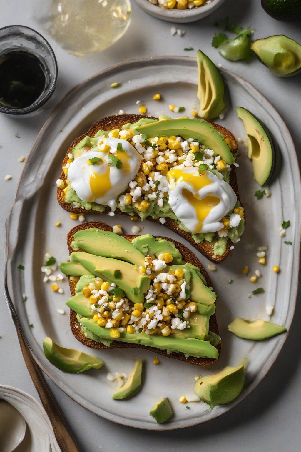 A high-resolution photo of elote-style avocado toast with charred corn and cotija under soft lighting.