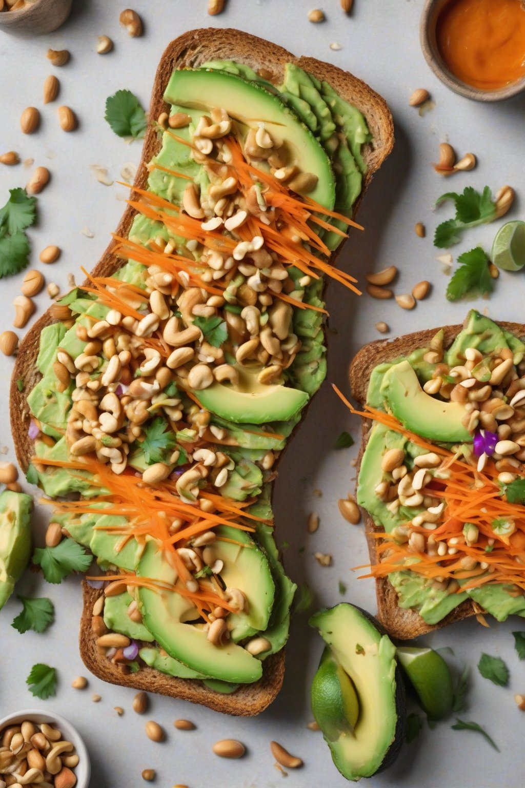 A high-resolution photo of peanut lime Thai avocado toast with peanuts and carrots under soft lighting.