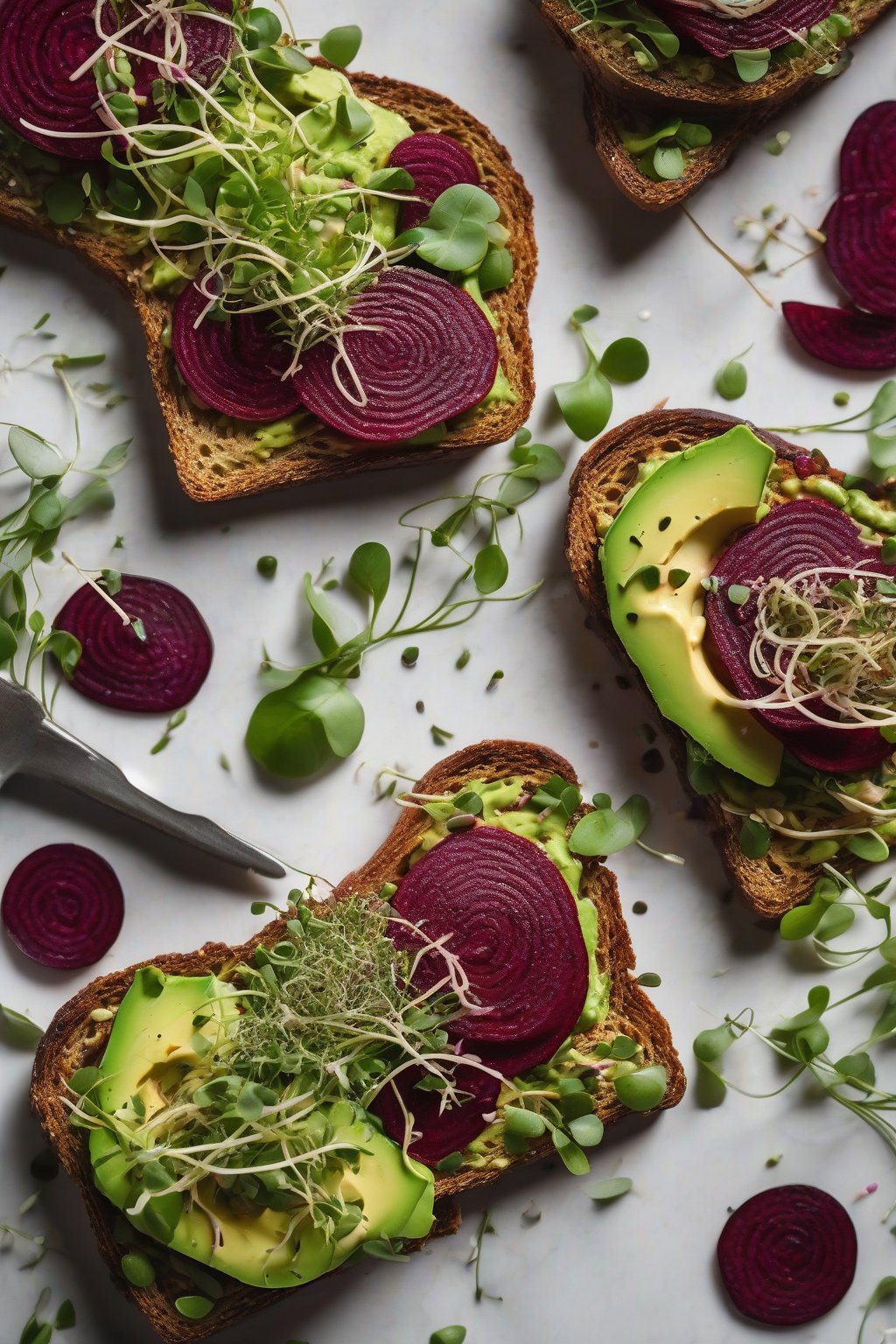 A high-resolution photo of beet hummus swirl avocado toast with microgreens under soft lighting.