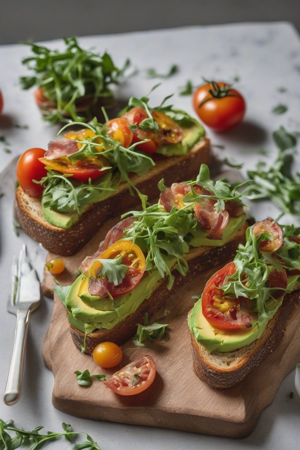 A high-resolution photo of bacon and heirloom tomato avocado toast with arugula under soft lighting.