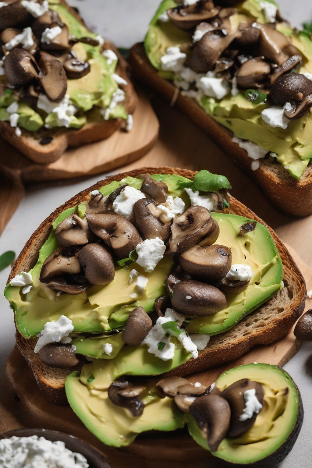 A high-resolution photo of truffle mushroom avocado toast with goat cheese under soft lighting.
