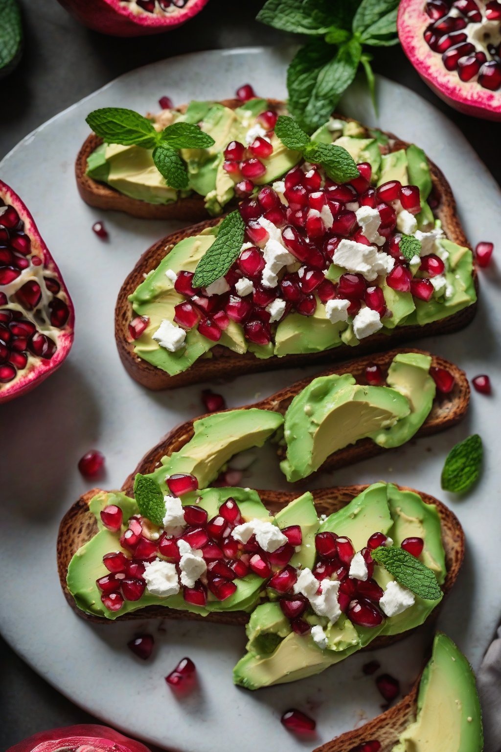 A high-resolution photo of pomegranate feta avocado toast with mint under soft lighting.