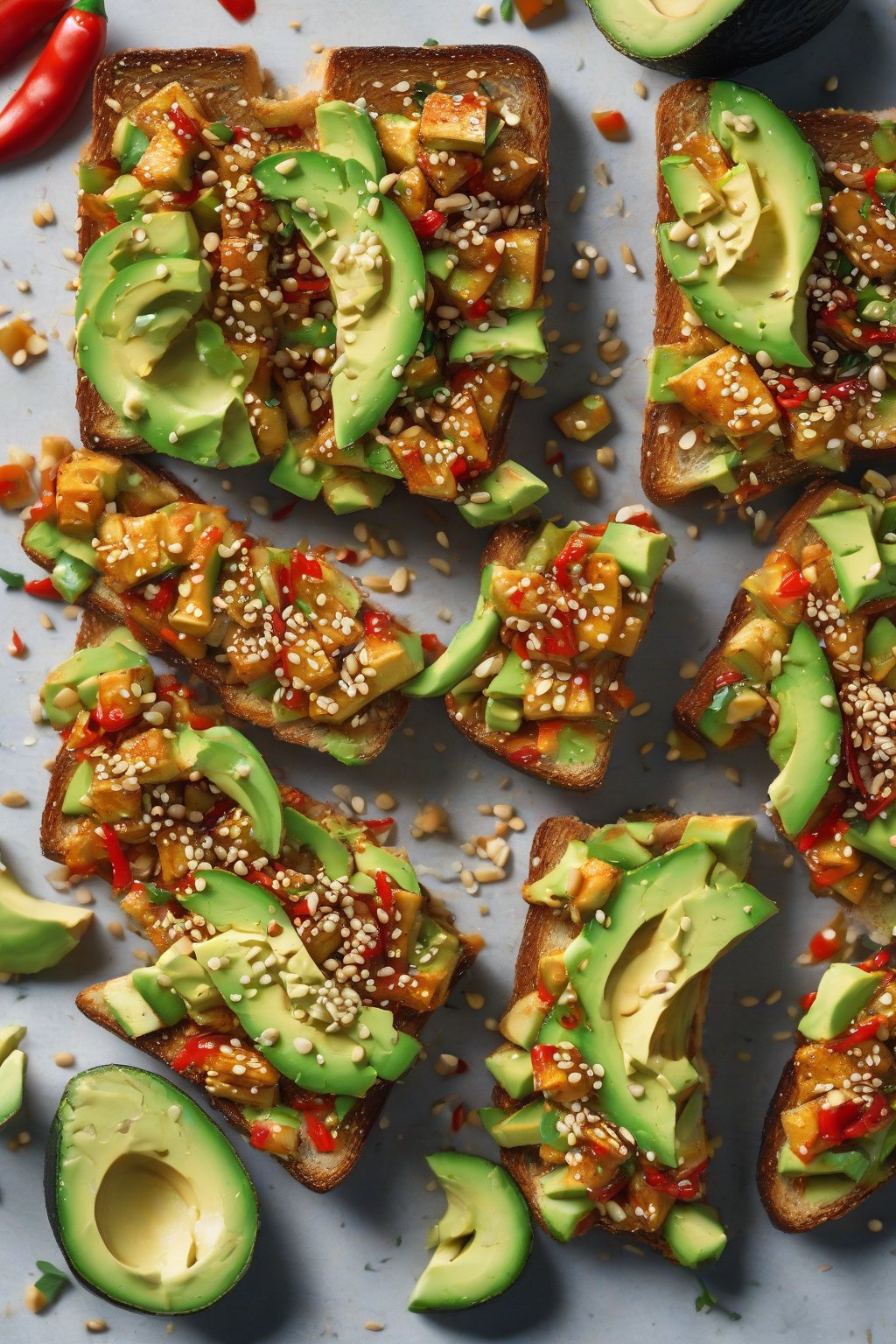 A high-resolution photo of sweet chili tofu avocado toast with sesame seeds under soft lighting.