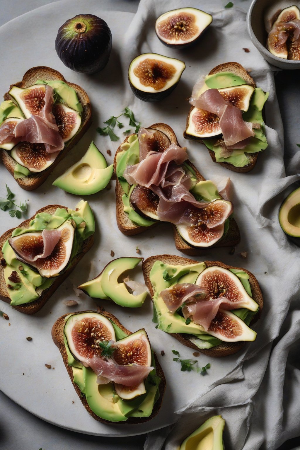 A high-resolution photo of roasted garlic and fig avocado toast with prosciutto under soft lighting.