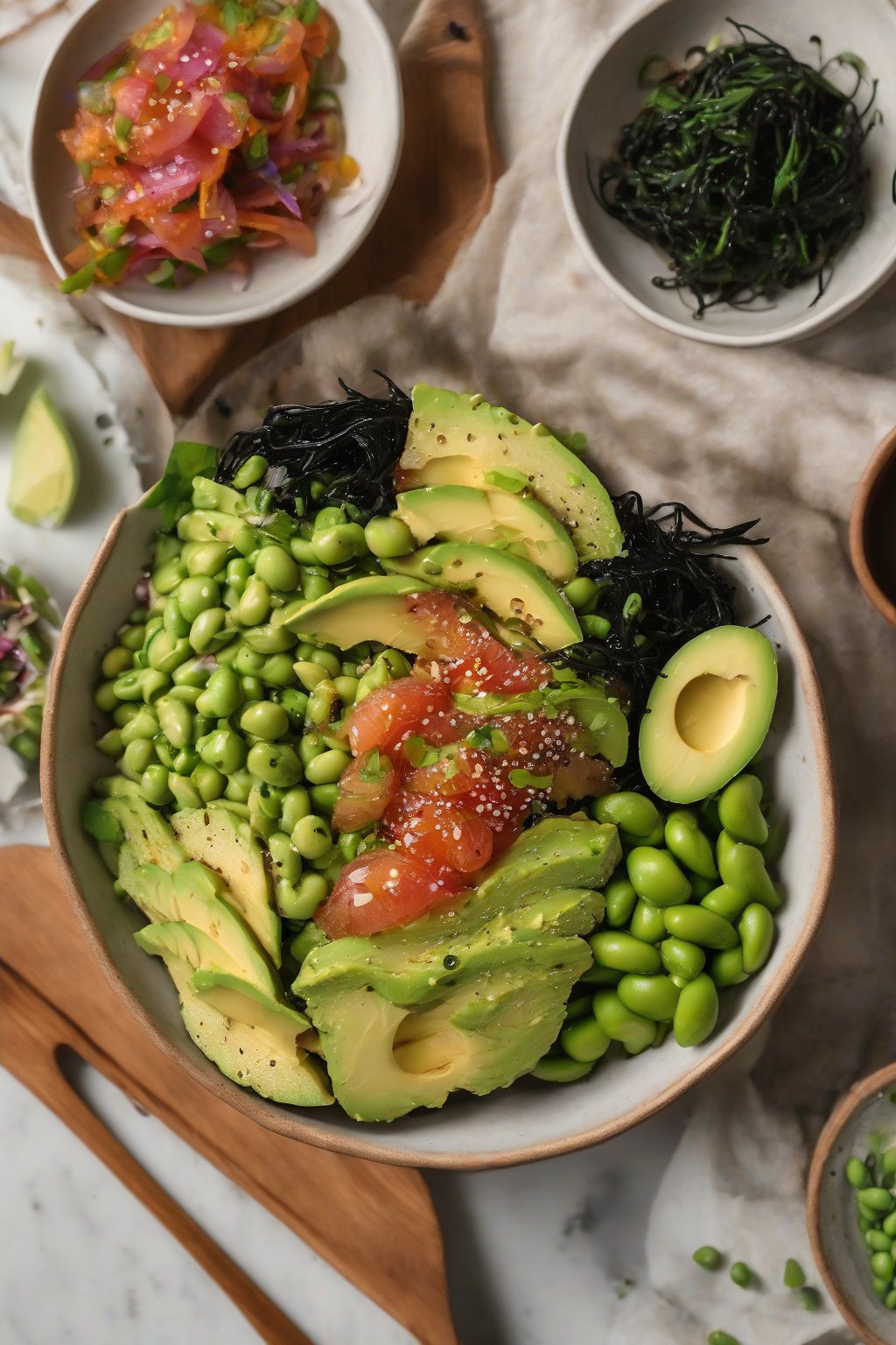 A high-resolution photo of poke bowl avocado toast with edamame and seaweed under soft lighting.