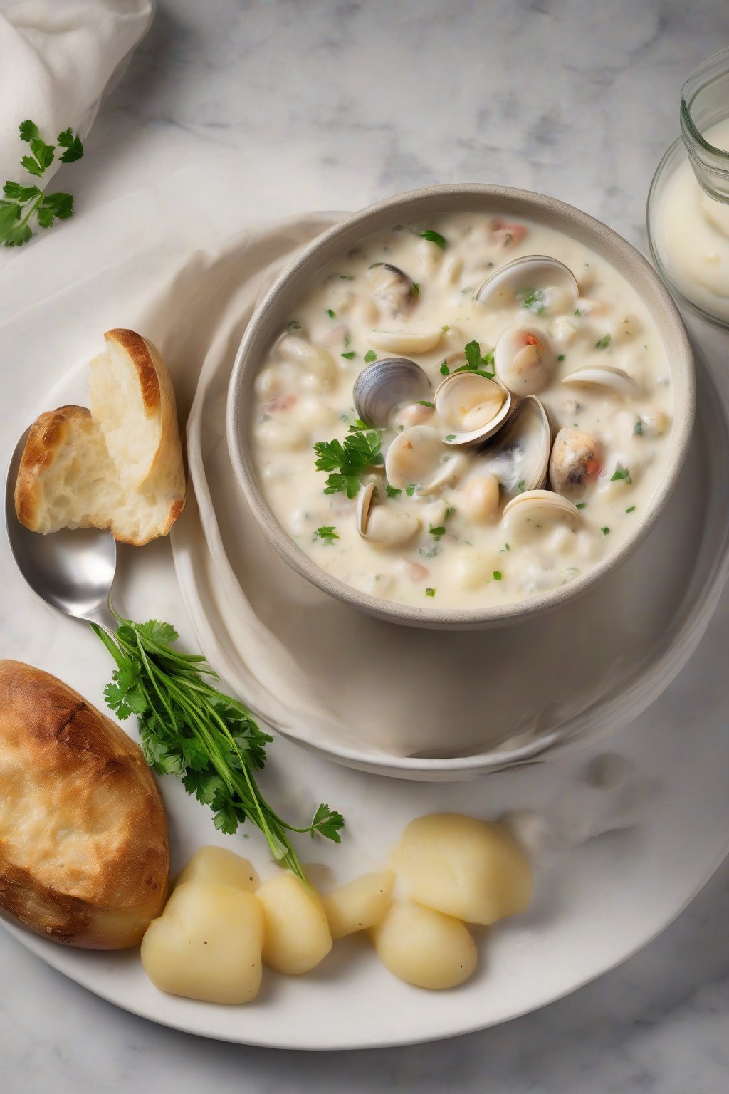 A high-resolution photo of a steaming bowl of thick New England clam chowder garnished with parsley, chunks of potato and clam visible, under soft lighting.