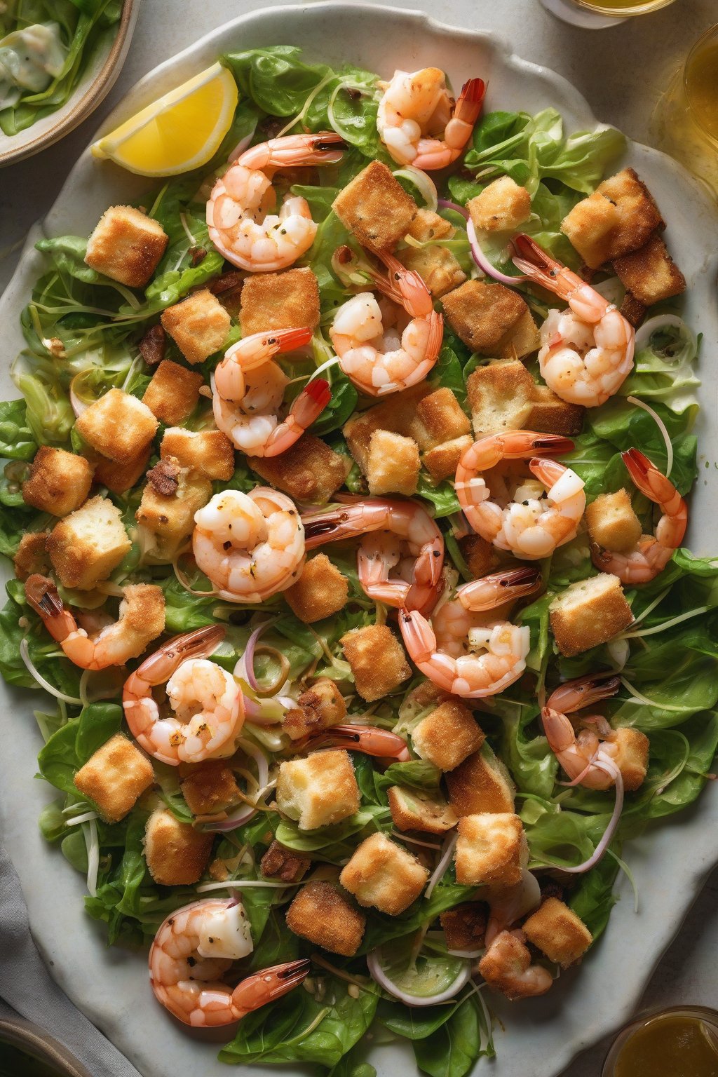 A high-resolution photo of plump shrimp over a garlicky Cesar salad with toasted sourdough croutons under soft lighting.